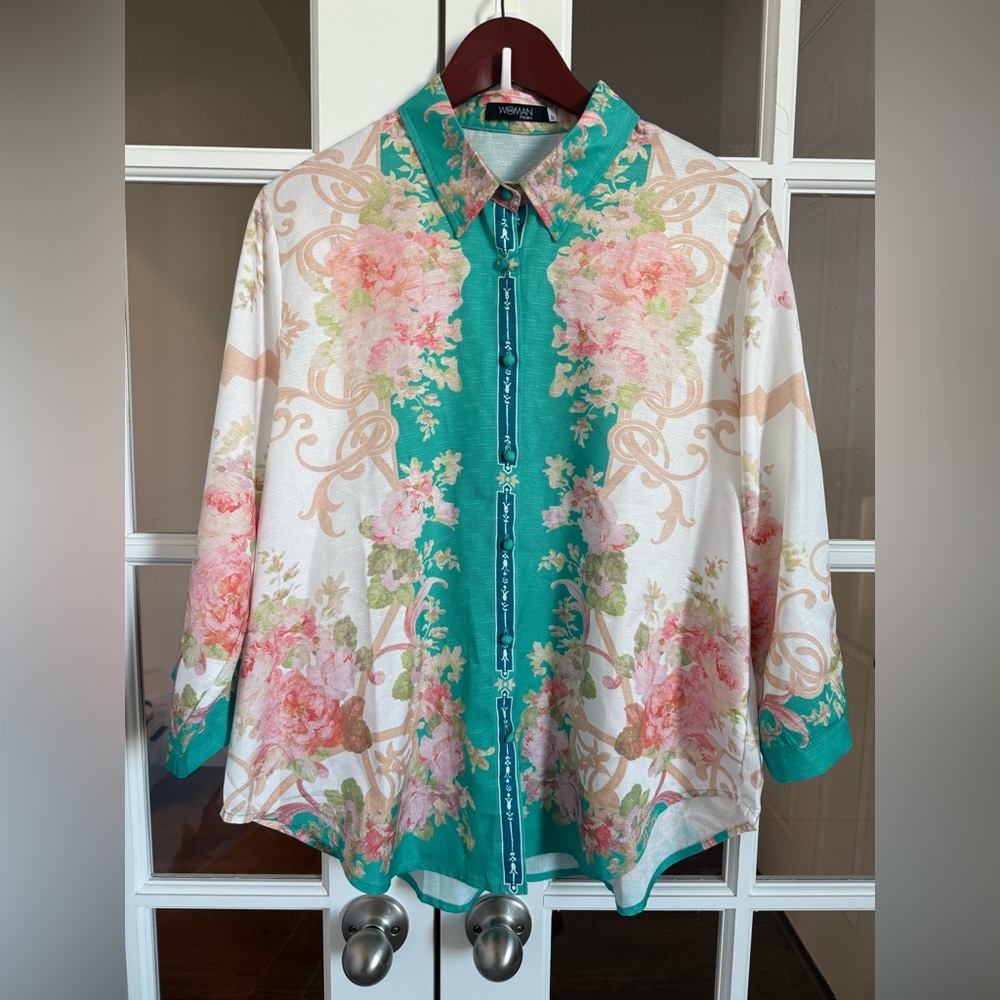 WSN Set  Floral Tunic and Trousers with Green and Pink Accents